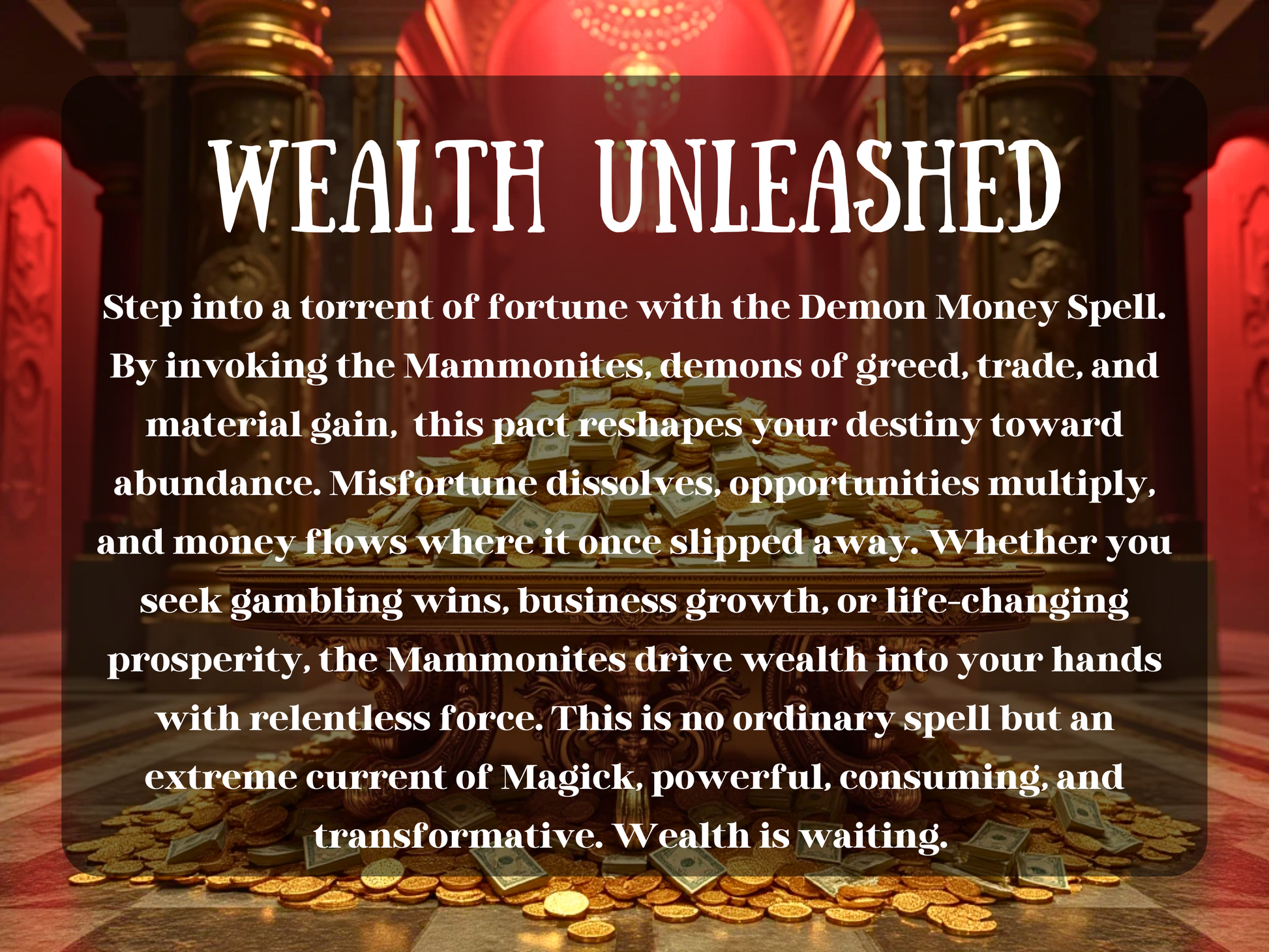 Wealth Unleashed” image showing a grand golden hall lit in fiery red, with a massive pile of gold coins and bundles of cash stacked high on a lavish table. The text describes the Demon Money Spell, invoking the Mammonites—spirits of greed, trade, and fortune—to dissolve misfortune, multiply opportunities, and unleash relentless prosperity. Symbolizing gambling wins, business growth, and unstoppable financial success, essence of abundance, wealth, and life-changing material gain.