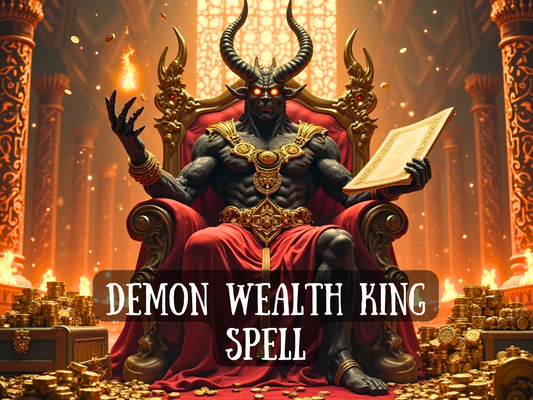 “Demon Wealth King Spell powerful horned demon king seated on a golden throne within a fiery palace. His muscular form glows with dark energy as he holds an ancient book in one hand and conjures flames with the other. Surrounded by overflowing gold coins, treasure chests, and riches, he embodies ultimate financial dominance, prosperity, and authority. Perfect for Etsy listings centered on wealth, abundance, money attraction, business growth, financial success, and commanding unstoppable fortune.