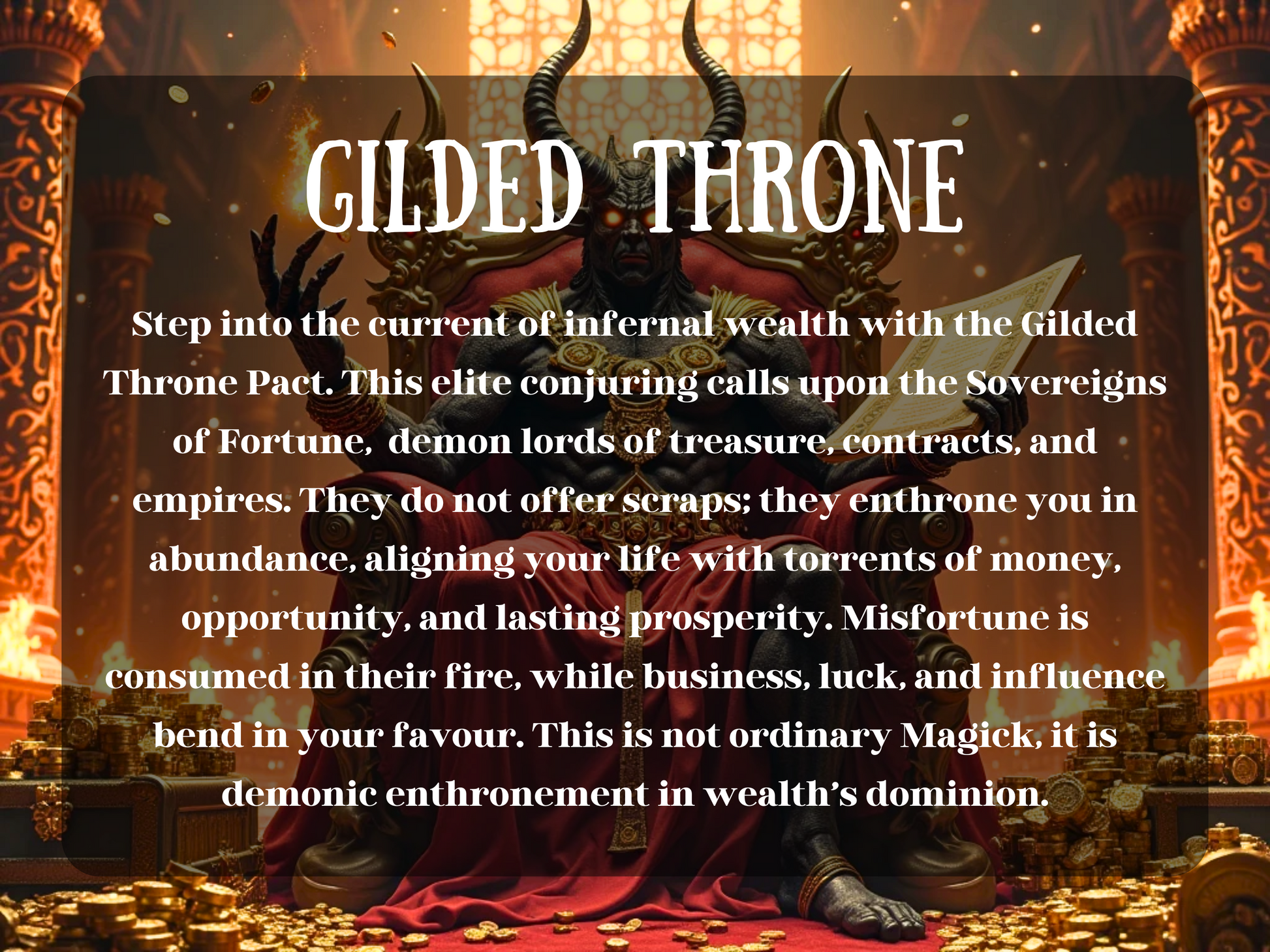 “Gilded Throne mighty horned demon king seated upon a golden throne within a blazing infernal palace. Clad in gold jewelry and holding an ancient book, he is surrounded by endless piles of coins, treasure chests, and overflowing wealth. The text describes the Gilded Throne Pact, aligning life with torrents of money, opportunity, and lasting prosperity while dissolving misfortune. Perfect for Etsy listings about financial abundance, power, success, influence, and commanding unstoppable fortune.