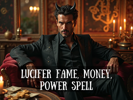 “Lucifer Fame, Money, Power Spell” image featuring a darkly handsome man with small black horns, dressed in a sharp black suit, seated on a luxurious red chair in a candlelit room filled with occult symbols, gold coins, and cash. His piercing gaze and commanding presence embody power, wealth, and influence. This image represents a pact with Lucifer for fame, fortune, success, authority, and dominance. Ideal for listings focused on wealth magick, power spells, and rapid manifestation of status and influence.