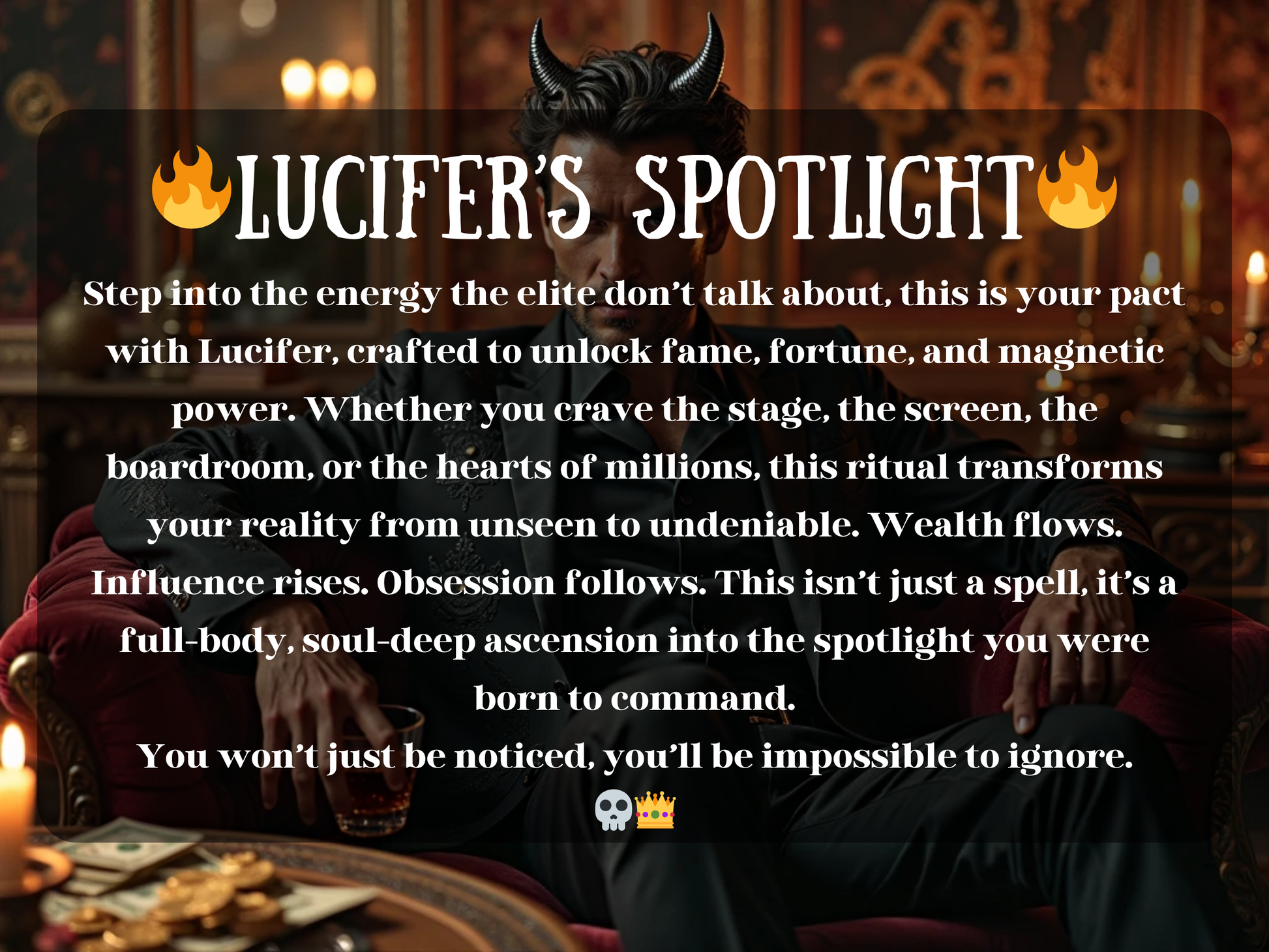 “Lucifer’s Spotlight” text image describing a pact with Lucifer designed to unlock fame, fortune, influence, and magnetic power. The description highlights how this ritual transforms reality from unseen to undeniable, bringing wealth, recognition, and obsession from others. It frames the spell as a full-body, soul-deep ascension into power and influence, ensuring the client won’t just be noticed, but impossible to ignore. Perfect for listings centered on fame, money, authority, attraction, and dominance mag