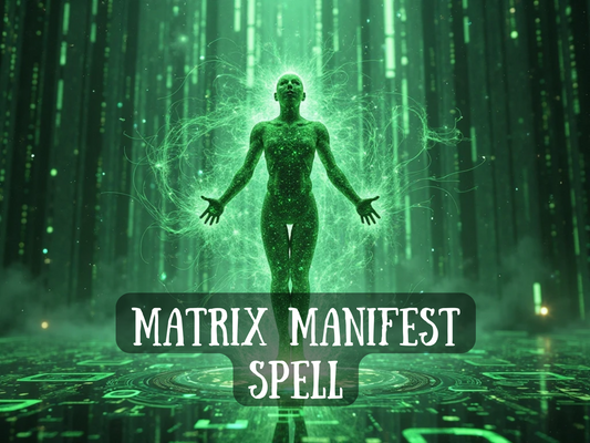 Matrix Manifest Spell – futuristic digital artwork of a glowing human figure standing in a green matrix-coded world, arms outstretched with energy radiating outward, symbolizing manifestation, reality-shifting, and infinite creation. This spell image represents unlocking hidden potential, bending reality, and reprogramming the matrix of life to attract abundance, success, and transformation. Perfect for manifestation rituals, energy work, and spiritual alignment with universal power.