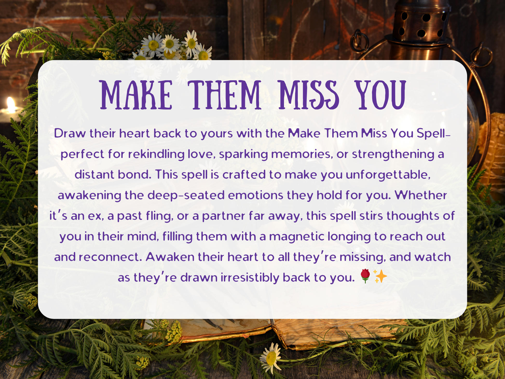 Make Them Miss You Spell description with enchanted spellbook, herbs, flowers, and lantern glowing in a mystical setting. This powerful love spell awakens longing, desire, and emotional pull in a partner, ex, or distant lover, ensuring they think of you constantly. Designed for rekindling love, strengthening bonds, and sparking unforgettable memories, this spell draws their heart back with irresistible magnetic energy and deep-seated emotions, making them crave reconnection.