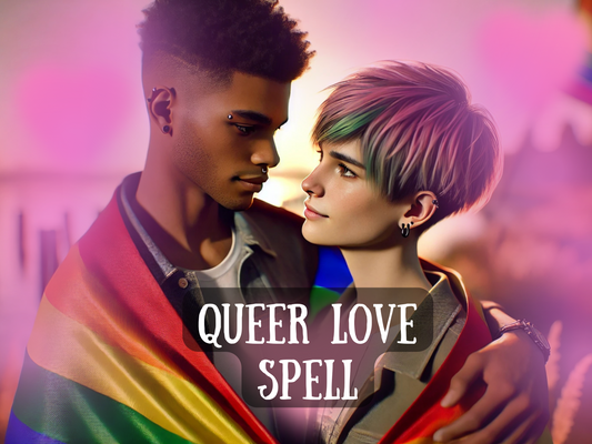 Romantic artwork of a queer couple wrapped in a rainbow pride flag, gazing lovingly into each other’s eyes with soft pink and purple light glowing around them. The image includes bold text reading “Queer Love Spell,” representing LGBTQ+ love, attraction, and connection. This design symbolizes inclusive witchcraft and magick for same-sex couples and the queer community, capturing themes of romance, passion, and empowerment. Perfect for those seeking LGBTQ love spells, pride affirmations, or spiritual rituals