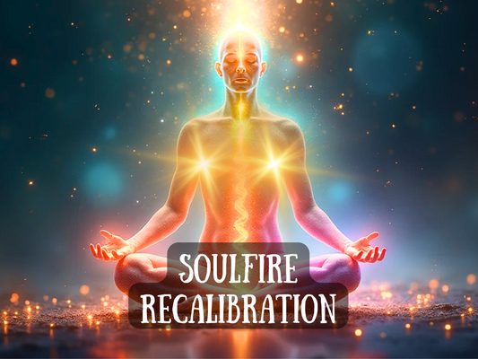 “Soulfire Recalibration” artwork showing a glowing figure in deep meditation, surrounded by radiant energy and cosmic light. Golden fire flows through the body, aligning chakras and igniting inner power, while twin starbursts shine at the chest, symbolizing balance and transformation. The scene embodies healing, spiritual awakening, energy alignment, and soul renewal. Perfect for Etsy listings focused on emotional healing, energy clearing, life transformation, and inner strength activation.