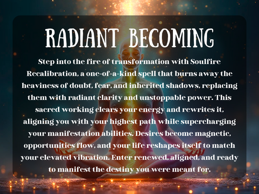 “Radiant Becoming” image featuring a glowing meditative figure bathed in golden and rainbow light, seated in lotus position as cosmic fire flows through the body. Text describes the Soulfire Recalibration spell, a sacred working that burns away fear, doubt, and inherited shadows, replacing them with clarity, empowerment, and alignment. The artwork symbolizes transformation, energy clearing, manifestation, and vibrational ascension. 
 healing, spiritual growth, and life transformation.