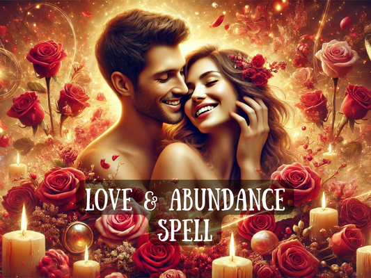 Romantic and luxurious image for a Love and Abundance Spell, featuring a smiling couple surrounded by glowing candles, red and pink roses, golden sparkles, and magical energy. Ideal for listings focused on manifesting love, soulmate attraction, passion, joy, financial abundance, and heart-centered spellwork. Captures the essence of divine union, beauty, and wealth with high-energy visuals perfect for romantic magick and manifestation rituals.