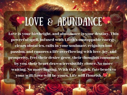Romantic spell image titled 'Love & Abundance,' showing a couple embraced in golden light, surrounded by red roses, glowing candles, and magical sparkles. The spell promises soulmate attraction, passion, joy, and wealth, infused with Lilith’s powerful energy. Ideal for Etsy listings offering love spells, attraction magick, abundance rituals, prosperity spells, and energy work that clears blocks and manifests desire, connection, and high-vibration success.