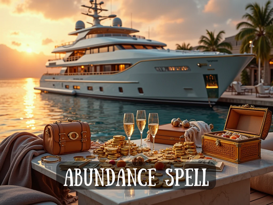 Abundance Spell luxury scene with a superyacht at sunset, a table covered in gold coins, champagne glasses, jewelry, cash, and treasure chests overflowing with wealth. This manifestation ritual is designed to attract financial freedom, prosperity, success, and luxury living. Perfect for those seeking to magnetize money, opportunities, riches, and lavish abundance into their life. Energy of opulence, wealth attraction, and limitless prosperity captured in one powerful spell.