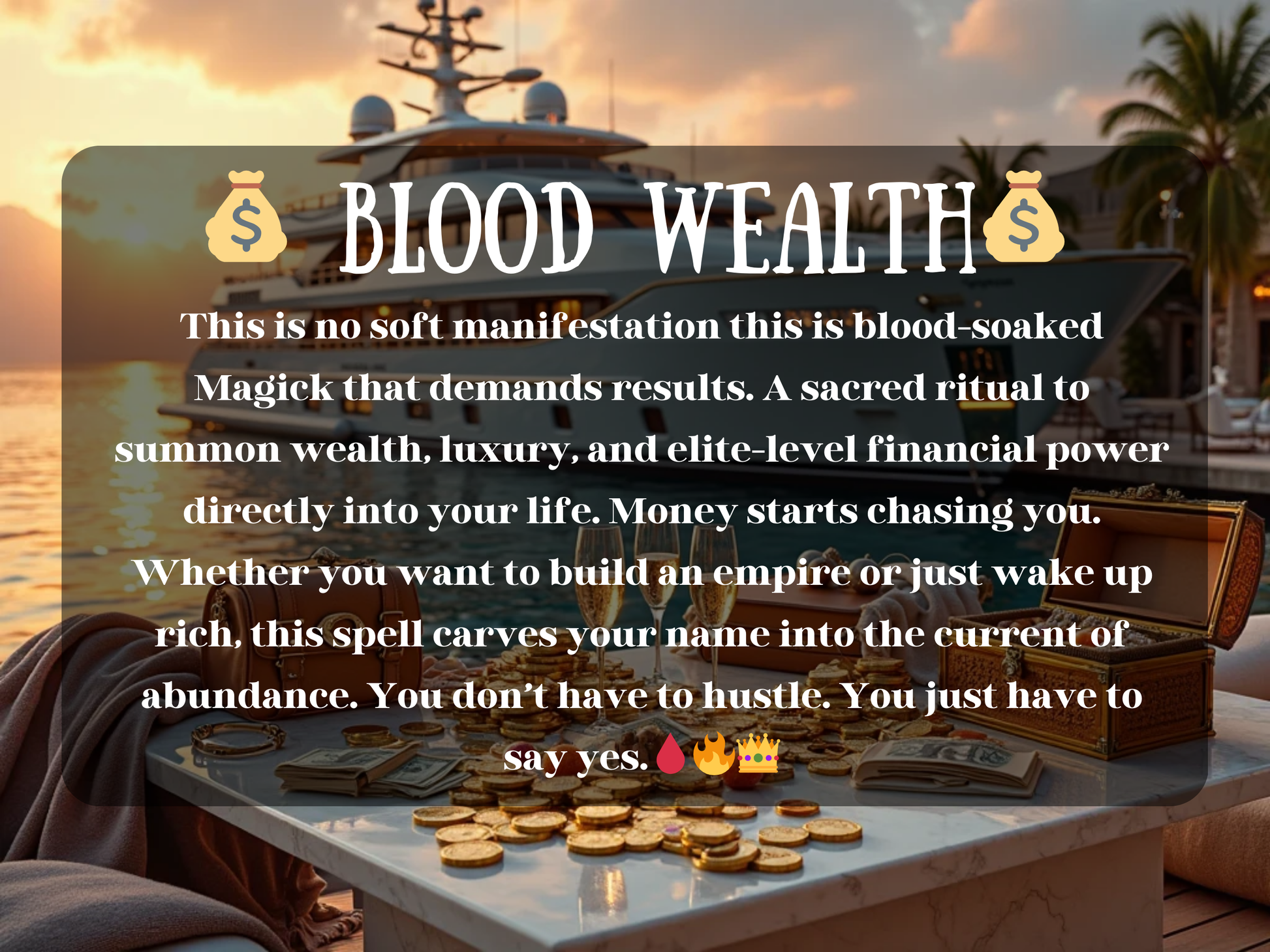 Blood Wealth Spell luxury yacht at sunset with gold coins, treasure chests, champagne, cash, and jewelry symbolizing elite money magick. This ritual channels blood-soaked power to summon wealth, riches, abundance, financial success, and unstoppable prosperity. Designed for empire building, luxury lifestyle, and instant financial flow. A powerful spell for manifesting riches, money attraction, and extreme fortune.