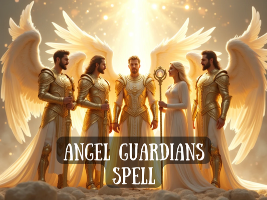 Radiant image for 'Angel Guardians Spell' featuring five divine angelic beings in golden armor and glowing white robes, standing in light-filled clouds. Their wings are outstretched as they offer spiritual protection and celestial support. Ideal for Etsy listings focused on angel spells, guardian spirit rituals, divine intervention, white magick, protective energy work, and blessings of guidance, peace, safety, and spiritual alignment from high-vibrational angelic forces.