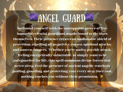 Angelic spell image titled 'Angel Guard' featuring five glowing celestial warriors in golden armor and radiant wings, surrounded by heavenly light and clouds. The spell invokes immortal star-bound guardians to shield against psychic attack, curses, negativity, and unseen forces. Ideal for Etsy listings focused on angel magick, spiritual protection, divine guardians, curse-breaking spells, white magick rituals, and energy shielding for safety, guidance, and sacred defense.