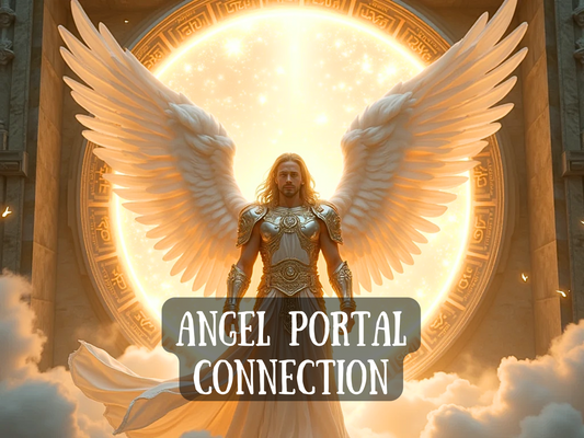 Radiant angel with golden armour and massive white wings stands before a glowing celestial portal inscribed with runes, surrounded by clouds and divine light. The image features the text “Angel Portal Connection” in white font. This powerful celestial being channels purity, protection, and divine communication. Perfect for listings involving angelic rituals, spiritual portals, divine guidance, and white magick connection spells.
