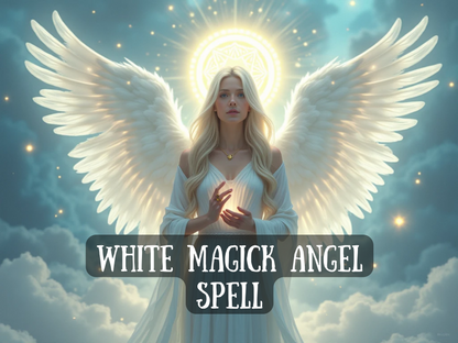 Spell image titled 'White Magick Angel Spell' featuring a glowing celestial woman with large white wings, golden halo, and a serene presence, standing in the clouds under a starry sky. The energy radiates purity, peace, and divine support. Ideal for Etsy listings focused on white magick, angel spells, blessings, healing rituals, spiritual guidance, emotional protection, and high-vibrational energy work invoking angelic forces for light, clarity, and powerful transformation