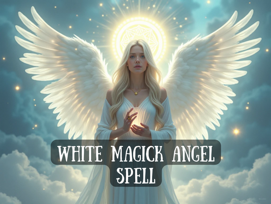 Spell image titled 'White Magick Angel Spell' featuring a glowing celestial woman with large white wings, golden halo, and a serene presence, standing in the clouds under a starry sky. The energy radiates purity, peace, and divine support. Ideal for Etsy listings focused on white magick, angel spells, blessings, healing rituals, spiritual guidance, emotional protection, and high-vibrational energy work invoking angelic forces for light, clarity, and powerful transformation
