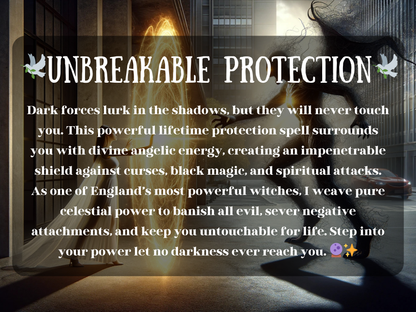 Spell image titled 'Unbreakable Protection' showing a glowing angelic figure casting a golden energy shield against a looming dark entity in a modern city setting. The scene represents divine spiritual protection, curse blocking, and black magick defense. Ideal for Etsy listings offering angel spells, lifetime spiritual protection, curse removal, entity banishment, white magick rituals, and shielding against evil, hexes, and energetic attacks using powerful celestial forces