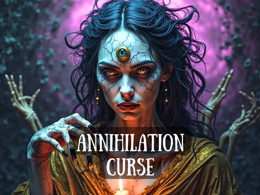 Annihilation Curse spell with dark sorceress glowing eyes, cracked skin, and mystical third eye surrounded by skeletal hands. This powerful black magic ritual is designed for ultimate destruction, downfall, and complete ruin of enemies. Energy of vengeance, chaos, and annihilation ensures suffering, misfortune, and collapse. Perfect for those seeking justice, revenge, or to unleash unstoppable dark power against those who have wronged you.