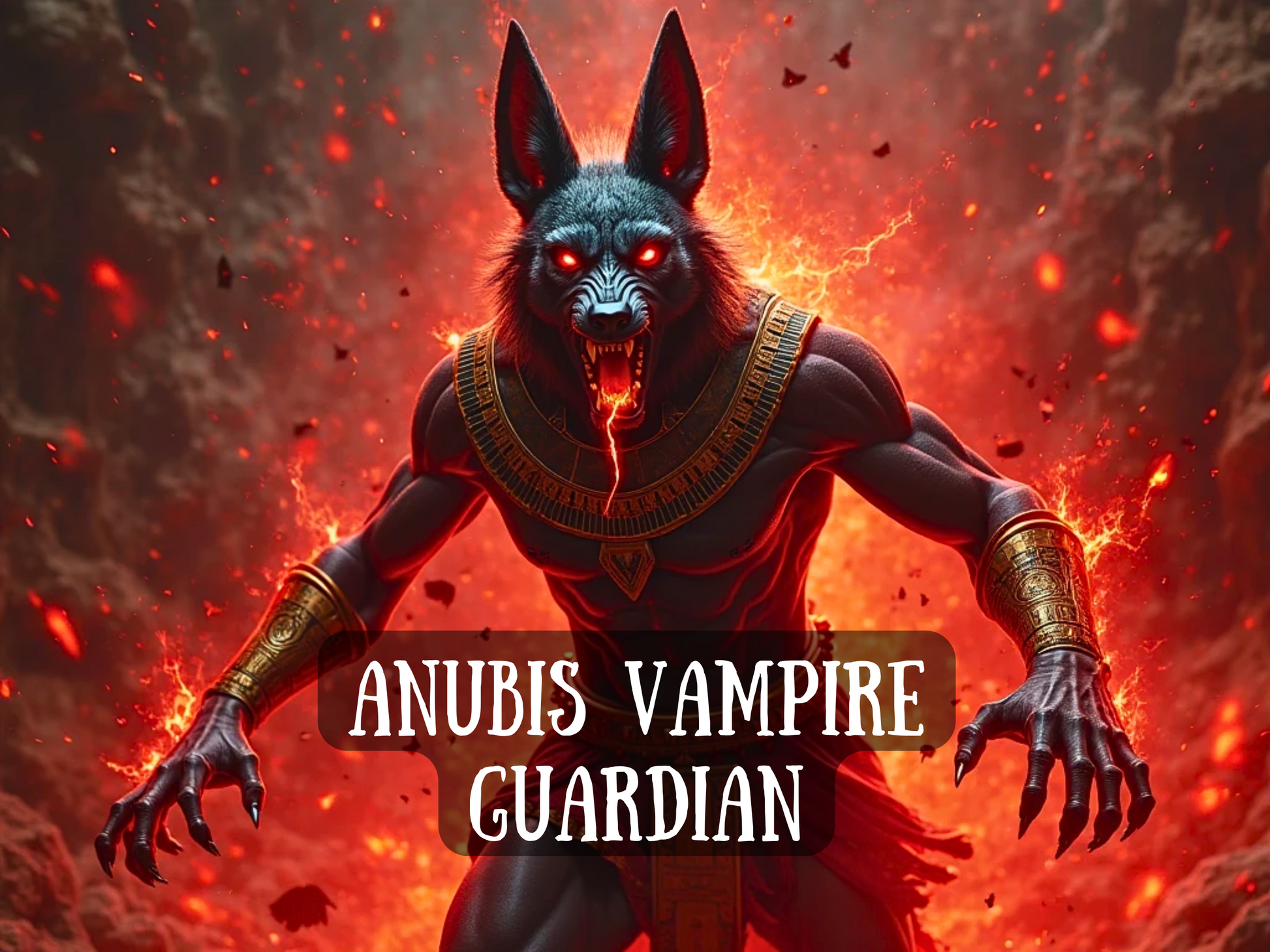 Dark fantasy artwork of a powerful Anubis Vampire Guardian, depicted as a muscular jackal-headed deity with glowing red eyes, sharp fangs, and claws, standing in a fiery cavern of lava and smoke. The figure wears golden Egyptian armor and radiates supernatural strength and protection. Text on the image reads “Anubis Vampire Guardian,” symbolizing dark magick, spiritual guardianship, and vampiric energy for power, defense, and commanding fearsome otherworldly forces.