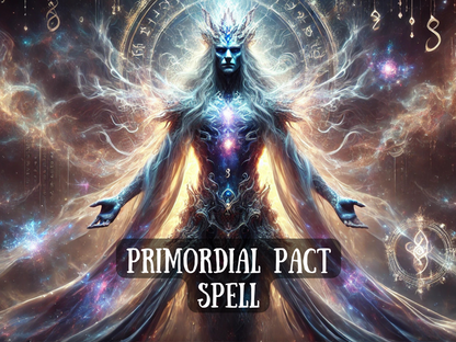 Epic cosmic artwork of the Primordial Pact Spell, showing a powerful otherworldly being radiating energy, galaxies, and ancient runes. This mystical figure embodies raw creation, divine energy, and limitless transformation. Surrounded by glowing symbols and starlight, the primordial entity channels ultimate power, unlocking hidden potential, universal wisdom, and eternal strength. Perfect for rituals of ascension, spiritual awakening, and unshakable magick.