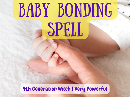 Baby Bonding Spell image featuring a close-up of a newborn’s tiny hand holding onto an adult’s finger, symbolizing deep love, trust, and emotional connection. Text overlay reads “Baby Bonding Spell | 4th Generation Witch | Very Powerful.” This spiritual working is designed to strengthen the bond between parent and child, enhancing attachment, harmony, nurturing energy, and unconditional love between baby and family.