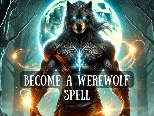 Become a Werewolf Spell – powerful fantasy artwork of a humanoid wolf creature with glowing blue eyes and dark fur, standing under a full moon with radiant energy crackling through its chest. Surrounded by a mystical forest and glowing orbs of light, this spell image symbolizes transformation, shapeshifting, primal strength, and supernatural awakening. Represents lycanthropy rituals, werewolf magick, and harnessing animalistic power, dominance, and heightened senses through spellcasting
