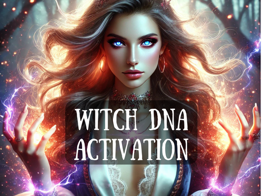 Witch DNA Activation – mystical fantasy artwork of a powerful sorceress with glowing blue eyes, flowing hair illuminated by firelight, and lightning-like energy radiating from her hands. Surrounded by magical light and forest shadows, she represents the awakening of ancient witch bloodlines and hidden power within. This spell image symbolizes spiritual awakening, magick activation, ancestral connection, and unlocking witch DNA to reclaim strength, intuition, and supernatural abilities.