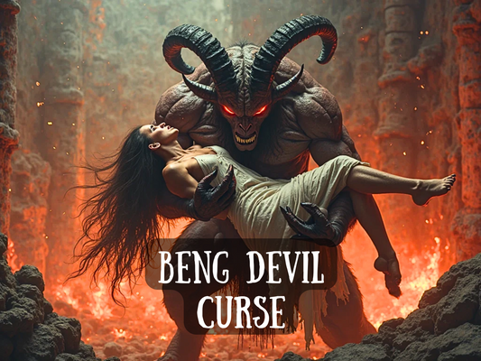 Spell image titled 'Beng Devil Curse' featuring a towering demonic entity with glowing red eyes and massive black horns, holding a limp woman in a fiery underworld setting. Surrounded by lava and smoke, the demon radiates destructive force and infernal power. Perfect for Etsy listings offering revenge spells, dark curses, demonic energy work, infernal rituals, soul-binding magick, and powerful spiritual retaliation through ancient, hellfire-fueled forces that destroy obstacles or enemies.