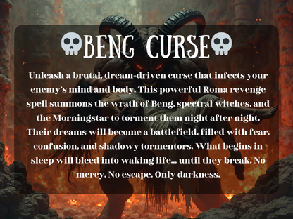 Spell image titled 'Beng Curse' featuring a monstrous horned demon holding a woman in a fiery inferno, representing a powerful dream-based revenge curse. Flames rise in a hellish backdrop as the curse invokes Beng, spectral witches, and the Morningstar to torment enemies through nightmares and spiritual attacks. Ideal for Etsy listings offering dark revenge spells, Roma curses, demonic torment, energy disruption, and night-based hexes that bleed into waking life with no mercy.