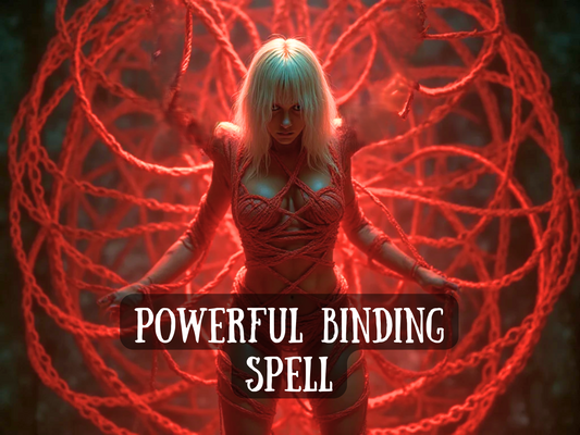 Powerful Binding Spell – dark fantasy artwork of a woman with glowing energy, bound in glowing red ropes and surrounded by an intricate web of magical threads, symbolizing control, domination, and unbreakable ties. This spell image represents binding rituals for love, obsession, influence, and control, ensuring someone remains connected to you energetically. It conveys the intensity of witchcraft, spellcasting, and powerful magick designed for commitment, attachment, and lasting influence.