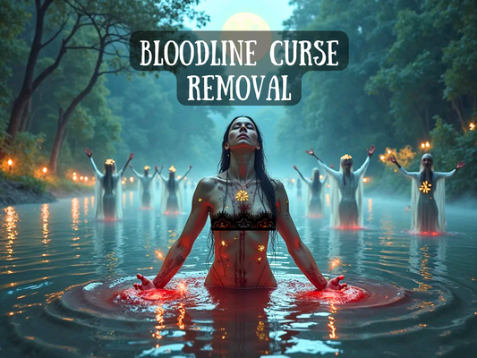 A powerful ritual unfolds at twilight in a sacred river. A woman kneels in glowing red water, arms lifted in release, her body marked with sacred symbols.  priestesses in white raise their hands beneath the full moon, surrounded by flickering candlelight. The atmosphere is mystical, reverent, and transformational. Overlaid text reads: “BLOODLINE CURSE REMOVAL,” evoking a potent ancestral cleansing to break generational curses, release inherited pain, and restore the soul’s rightful power.