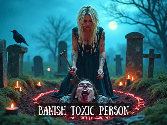 a powerful witch with wild blonde hair and ritual tattoos stands over a man partially buried in a glowing red circle of runes holds a bloody bone like a wand, casting a banishment ritual. Black candles burn around the circle, and a raven perches nearby, watching. The atmosphere is eerie, intense, and final. Bold white text reads: “Banish Toxic Person,” signalling a graveyard curse meant to sever toxic connections, end spiritual attachments, and energetically bury someone from your life for good.