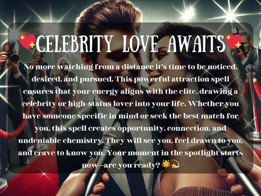 Celebrity Love Awaits spell image featuring glamorous couple on the red carpet surrounded by flashing lights and paparazzi. This attraction spell is designed to draw celebrities, influencers, or high-status partners into your life by aligning your energy with fame and luxury romance. Perfect for manifesting opportunities, chemistry, and elite connections, this ritual opens doors to passion, desire, and love in the spotlight.