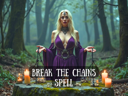 Break the Chains Spell casting service image for Etsy. Enchanting blonde witch in a deep purple gown holds broken chains at a forest altar surrounded by candles, moss, and spell jars. Perfect for spells to break toxic bonds, cut karmic ties, release emotional trauma, sever negative attachments, spiritual freedom rituals, empowerment magick, witchcraft services, banishment spellwork, shadow work healing, and personal liberation metaphysical services