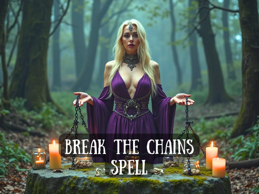 Break the Chains Spell casting service image for Etsy. Enchanting blonde witch in a deep purple gown holds broken chains at a forest altar surrounded by candles, moss, and spell jars. Perfect for spells to break toxic bonds, cut karmic ties, release emotional trauma, sever negative attachments, spiritual freedom rituals, empowerment magick, witchcraft services, banishment spellwork, shadow work healing, and personal liberation metaphysical services