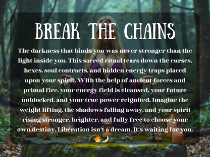 Break the Chains spell casting service image for Etsy. Witch in a purple gown holds broken chains at a mossy forest altar surrounded by candles and spell jars, text overlay about spiritual liberation. Perfect for curse breaking, hex removal spells, soul contract release, energy clearing, shadow work rituals, spiritual unblocking, primal fire magick, destiny claiming spells, emotional healing, and witchcraft services for freedom, empowerment, and rebirth.