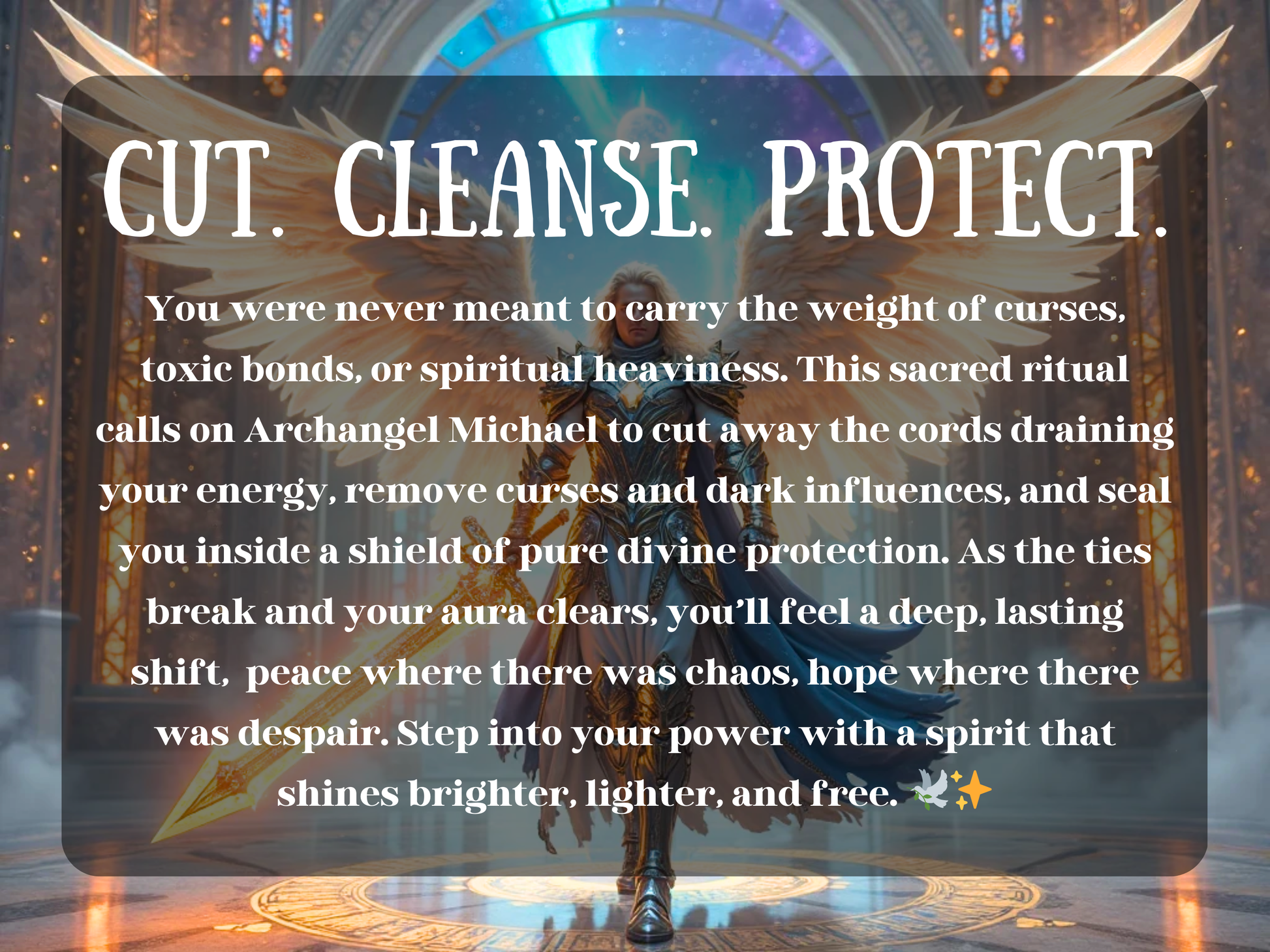 Cut. Cleanse. Protect. spell casting service image. Archangel with glowing white wings and a flaming sword stands in a celestial temple with golden light, text overlay describes energy cord cutting and curse removal. Perfect for toxic bond breaking, spiritual cleansing spells, divine protection rituals, Archangel Michael magick, curse removal, aura purification, emotional healing, soul restoration, and energy clearing metaphysical services.