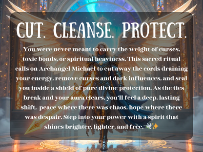 Cut. Cleanse. Protect. spell casting service image. Archangel with glowing white wings and a flaming sword stands in a celestial temple with golden light, text overlay describes energy cord cutting and curse removal. Perfect for toxic bond breaking, spiritual cleansing spells, divine protection rituals, Archangel Michael magick, curse removal, aura purification, emotional healing, soul restoration, and energy clearing metaphysical services.