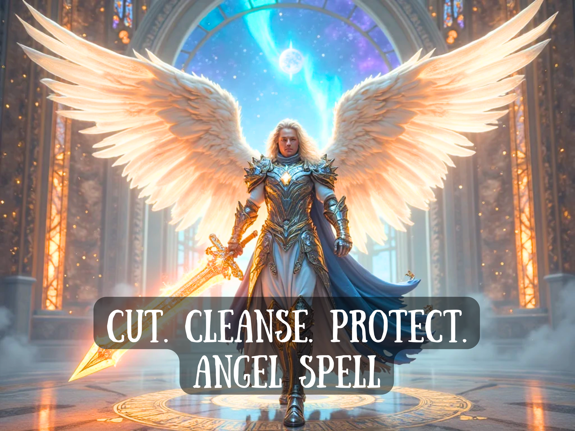 Physical, Mental, and Spiritual Healing spell casting service . Powerful archangel figure with glowing white wings and a radiant sword stands in a celestial temple filled with light and magic. Perfect for energy healing spells, emotional trauma recovery, chakra balancing, divine intervention rituals, mental health spells, soul healing, physical wellness, spiritual purification, angelic protection magick, lightworker services, and deep holistic spellwork
