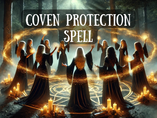 Coven Protection Spell with a circle of witches in black robes raising energy in a glowing ritual. Golden light swirls around them as protective magick shields are cast within a forest grove. Surrounded by lit candles and sacred symbols on the ground, this powerful spell invokes unity, strength, and spiritual defense. Ideal for witches seeking group ritual energy, psychic protection, and safeguarding against curses or negative forces.