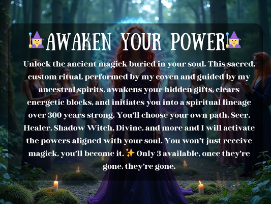 Awaken Your Power Coven Witch Awakening Spell image showing a red-haired witch in a flowing purple gown standing at the center of a forest ritual, surrounded by coven witches holding candles. A glowing circle of blue runes radiates behind her, symbolizing ancient magick, spiritual initiation, and ancestral power. This awakening ritual unlocks hidden gifts, clears blocks, and connects you to a 300-year lineage of witchcraft, guiding paths of healer, seer, divine, and shadow witch mastery.