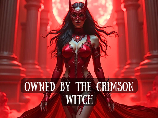 Dark crimson witch in an ornate red mask and gown stands in a glowing temple bathed in blood moon light. Her aura radiates dominance, allure, and sorcery, embodying raw feminine power and control. This Crimson Witch spell binds, owns, and enthralls with irresistible energy, making you hers in body, mind, and spirit. Surrender to forbidden magick, passion, and unshakable possession under her crimson gaze.