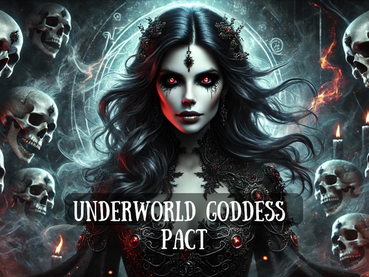 Dark gothic artwork of the Underworld Goddess Pact, featuring a powerful female goddess with glowing red eyes, black flowing hair, and ornate dark armor surrounded by skulls, candles, and mystical energy. Perfect for spells of power, witchcraft rituals, dark goddess invocation, pacts with underworld spirits, protection, revenge, transformation, and magick that calls on shadow, death, and eternal dominance.