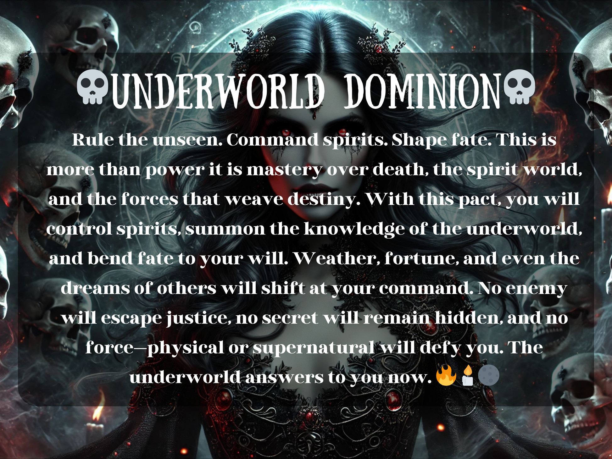 Dark fantasy artwork of the Underworld Dominion spell pact, featuring a gothic goddess with glowing red eyes, ornate black armor, and surrounded by skulls, fire, and shadows. This underworld ritual represents control over spirits, fate, and destiny, summoning forbidden power from the realm of death. Perfect for those seeking domination, spirit mastery, justice, hidden knowledge, and unshakable strength through dark magick and underworld connections.