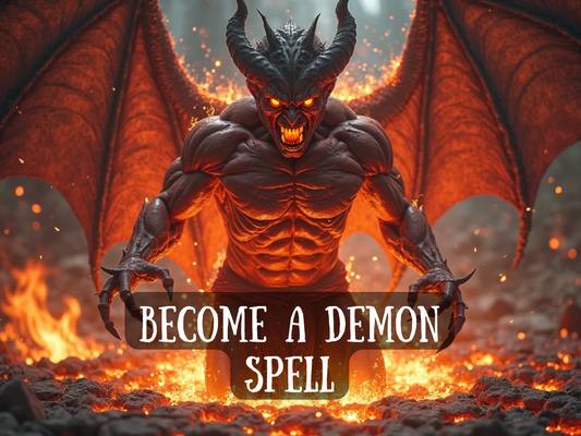 Become a Demon Spell – fiery dark fantasy artwork of a towering horned demon with glowing red eyes, muscular body, sharp claws, and massive wings spread wide, standing in molten lava and flames. This spell image symbolizes transformation into a demon, channeling infernal power, strength, and dominance. Represents demonic magick, summoning rituals, supernatural awakening, and embracing dark energy to command fear, respect, and unstoppable force across spiritual and physical realms.