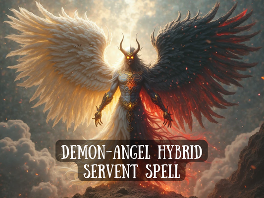 Demon-Angel Hybrid Servant Spell image showing a powerful celestial hybrid with one white angel wing and one black demonic wing, glowing eyes, and radiant energy. This spell summons a servant embodying both divine light and infernal darkness, granting balance of destruction and protection, loyalty, and supernatural strength. The ritual merges angelic purity with demonic power, creating a guardian spirit for ultimate dominance, guidance, and magickal empowerment.