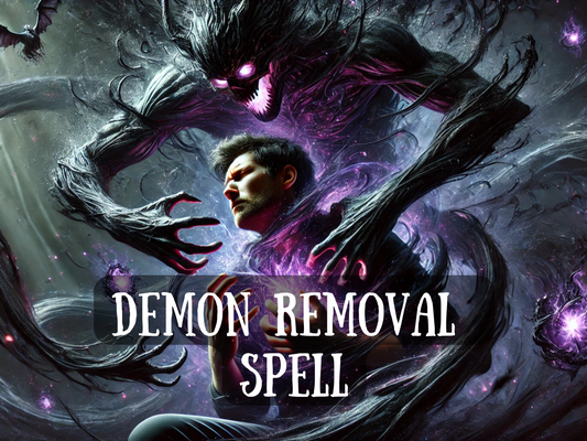 Demon Removal Spell image showing a dark shadow demon attacking a man with glowing purple energy. This powerful banishing ritual is designed to remove demons, dark entities, curses, and evil spirits. Perfect for spiritual cleansing, exorcism, protection, and breaking free from negative attachments. The Demon Removal Spell restores peace, safety, and balance by casting out malevolent forces and shielding your aura from harm.