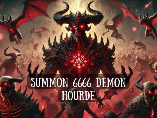 Summon 6666 Demon Horde spell image featuring a massive army of red-eyed demons, winged fiends, and skeletal warriors led by a towering horned demon surrounded by infernal fire. This dark ritual conjures unstoppable demonic forces for protection, power, domination, revenge, and control. A terrifying display of occult Magick for those seeking ultimate strength through demon summoning, infernal pacts, and black magic rituals.