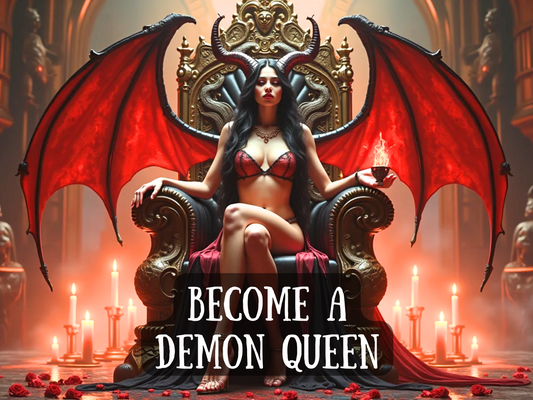 Dark fantasy artwork of a powerful woman with black hair, horns, and large red demon wings seated on an ornate throne, surrounded by glowing candles and rose petals. She holds a fiery chalice, radiating dominance and supernatural power. Text on the image reads “Become a Demon Queen,” symbolizing transformation, dark magick, and rising into authority. This design represents empowerment, seduction, and the ultimate ritual of becoming a queen of the underworld, commanding fear and worship.