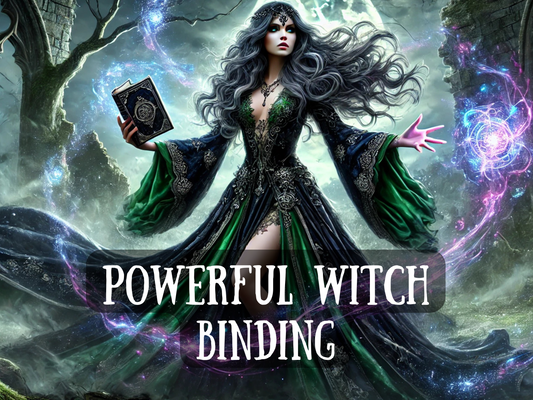 Powerful witch binding spell image featuring a mystical sorceress in a flowing gown holding a spellbook and conjuring glowing energy under the moonlit sky. This ritual represents protection, control, and magical influence, ideal for binding toxic people, enemies, or harmful forces. Perfect for those seeking spiritual defense, witchcraft power, and unbreakable energetic barriers to reclaim control, restore balance, and ensure safety.