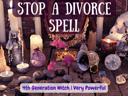 Stop a Divorce Spell image showing powerful ritual altar with candles, crystals, runes, mirror, and mystical tools. This spell is designed to save marriages, prevent separation, heal relationships, and restore love. A 4th generation witch offering strong energy work to stop breakups, reduce conflict, and bring reconciliation between partners. A powerful ritual for harmony, forgiveness, and emotional healing in marriage.